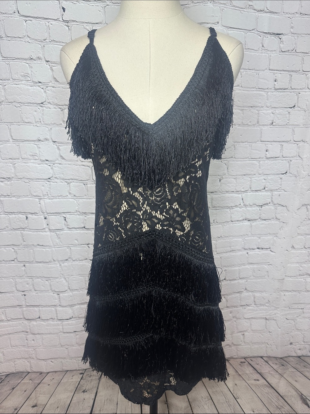 Club L London Black Lace Fringe Flapper Dress US 8 Gatsby Cocktail